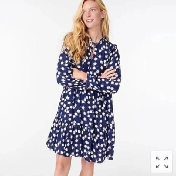 J. Crew Navy Blue Floral Print Long Sleeve Tiered Mini Dress - Picture 4 of 16